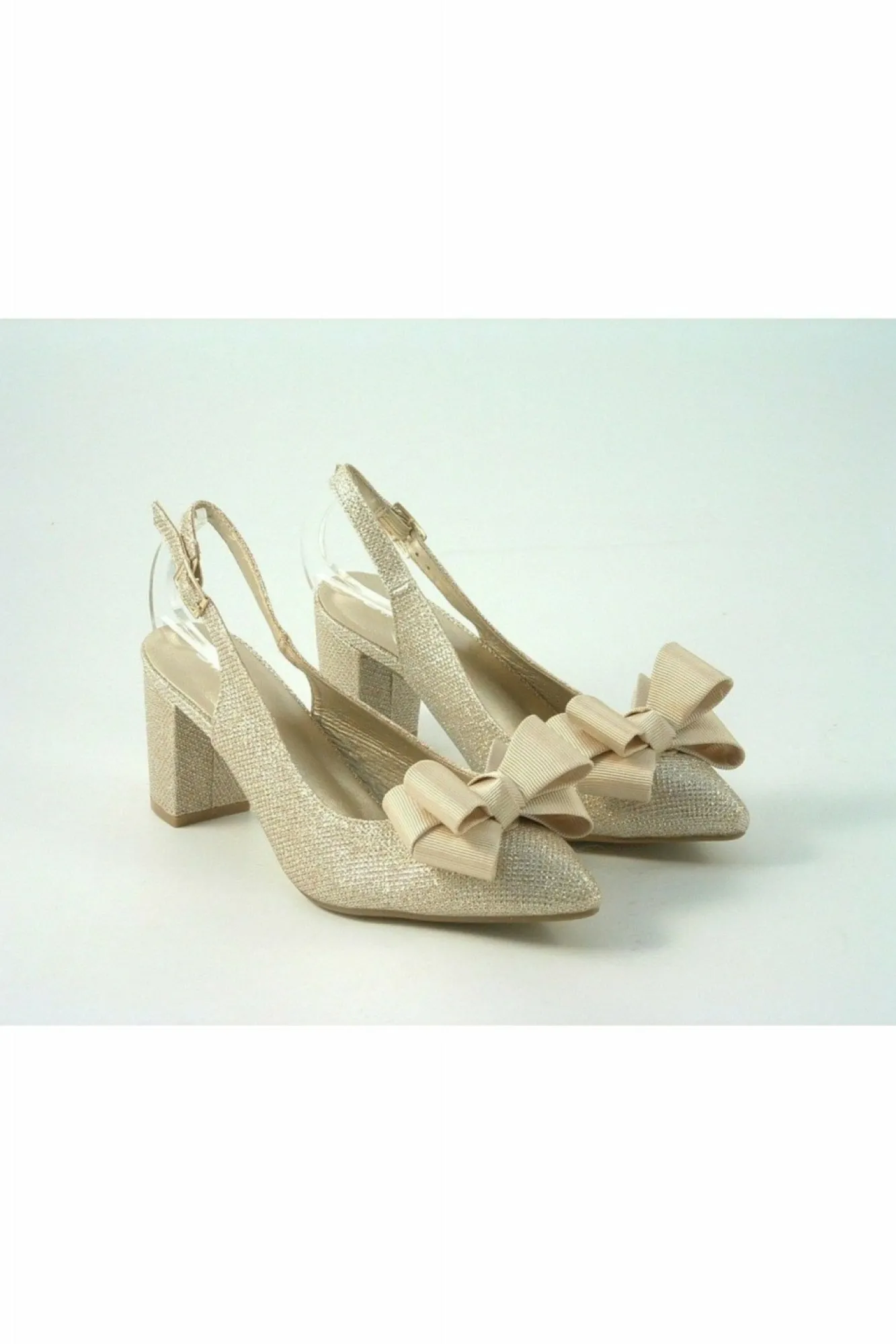 Mid Heels^Glitz Shoes Glitter Bowed Sling Back Court Shoe Champagne