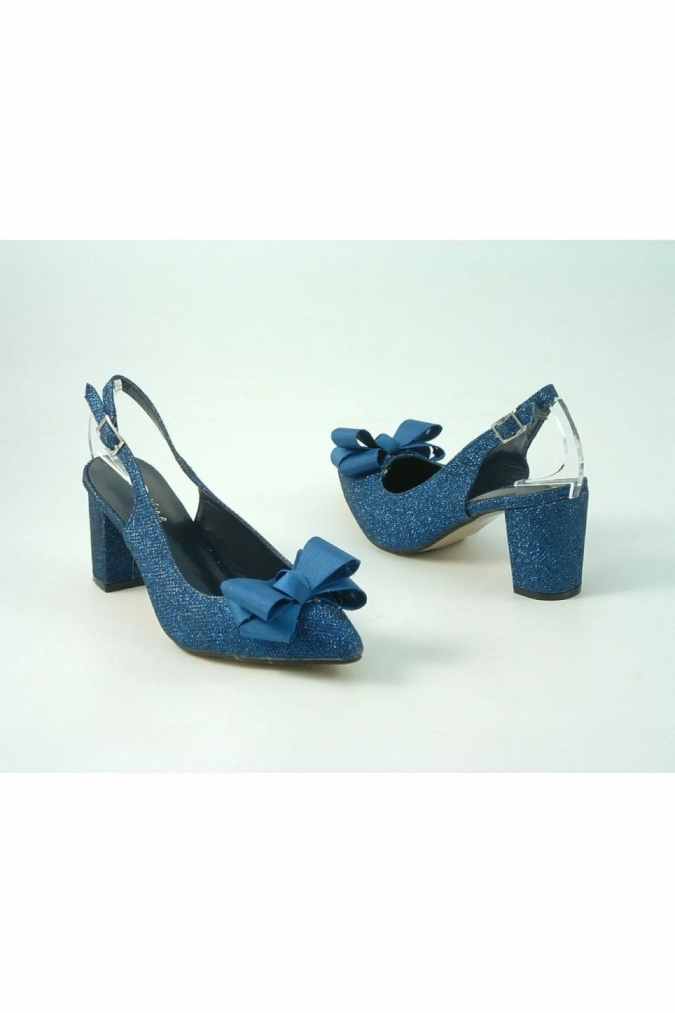 Mid Heels^Glitz Shoes Glitter Bowed Sling Back Court Shoe Navy