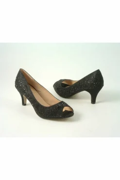 Mid Heels^Glitz Shoes Margo Glitter Diamante Mid Heel Peep Toe Shoe