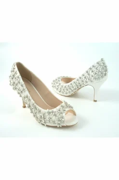 Mid Heels^Glitz Shoes Mid Heel Flower Peep Toe Court Shoes Ivory