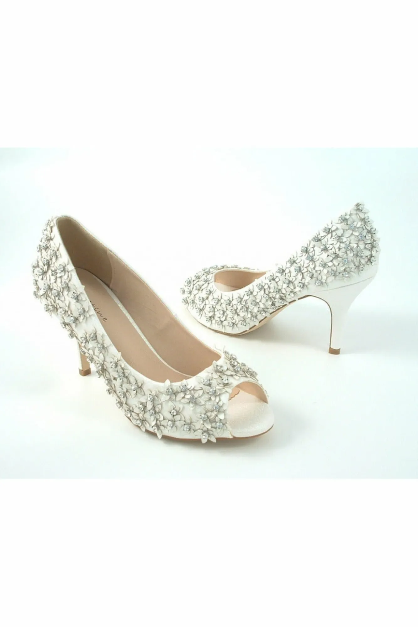 Mid Heels^Glitz Shoes Mid Heel Flower Peep Toe Court Shoes Ivory