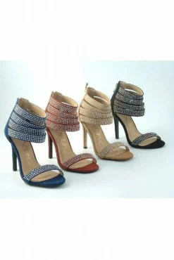 Sandals^Glitz Shoes Ora Divine Diamante Faux Suede Strap Heeled Sand Blue