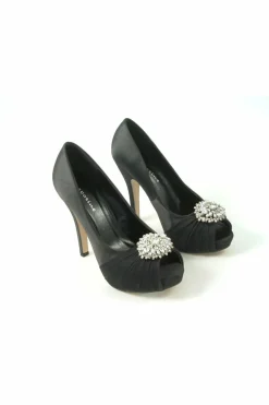 High Heels^Glitz Shoes Ripley Sabatine Fee 888 Satin Peep Toe Platform Black