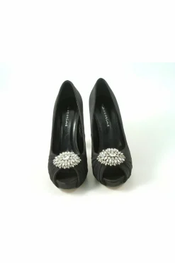 High Heels^Glitz Shoes Ripley Sabatine Fee 888 Satin Peep Toe Platform Black