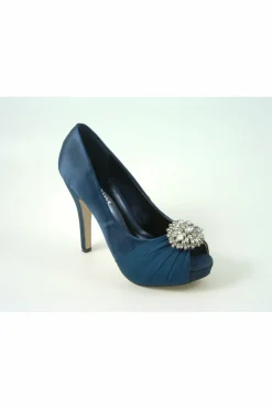 High Heels^Glitz Shoes Sabatine Fee 888 Platform Satin Peep Toes Navy