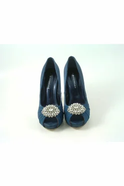 High Heels^Glitz Shoes Sabatine Fee 888 Platform Satin Peep Toes Navy