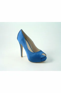 High Heels^Glitz Shoes Sabatine Satin Platform Heels With Peeptoe Blue Cobalt Blue