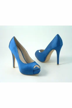 High Heels^Glitz Shoes Sabatine Satin Platform Heels With Peeptoe Blue Cobalt Blue