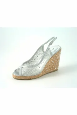 Sandals^Glitz Shoes Satin Peep Toe Diamante Wedge Sandal Silver