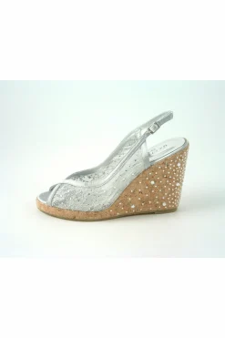 Sandals^Glitz Shoes Satin Peep Toe Diamante Wedge Sandal Silver
