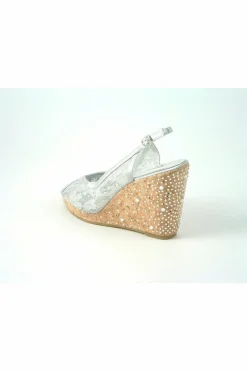 Sandals^Glitz Shoes Satin Peep Toe Diamante Wedge Sandal Silver