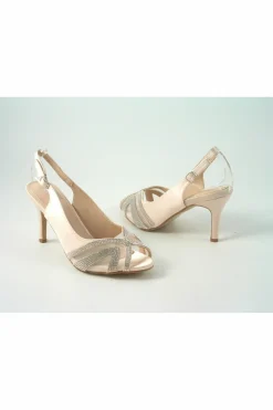 Mid Heels^Glitz Shoes Sienna Diamante Peep Toe Sling Back Mid Heel Champagne