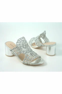Sandals^Glitz Shoes Tianna Sabatine Interweave Peep Toe Sandal Silver
