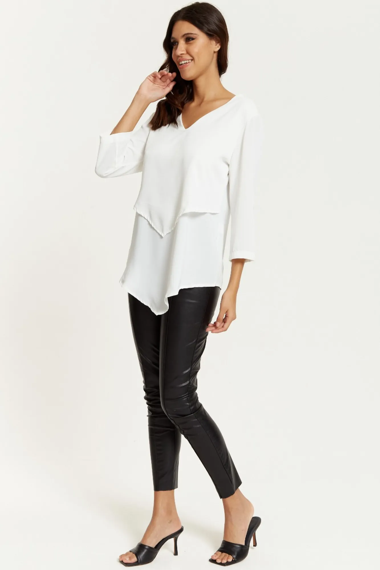 Blouses^Hoxton Gal 3/4 Sleeves V Neck Layered Relaxed Fit Top White
