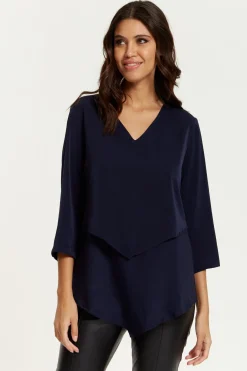 Blouses^Hoxton Gal 3/4 Sleeves V Neck Layered Relaxed Fit Top Navy
