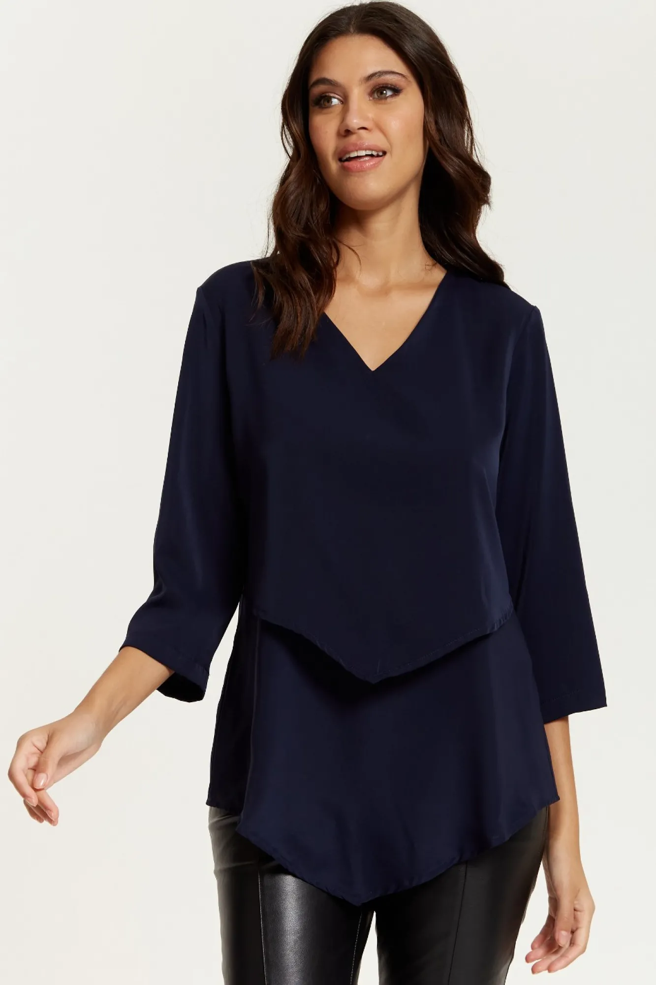 Blouses^Hoxton Gal 3/4 Sleeves V Neck Layered Relaxed Fit Top Navy