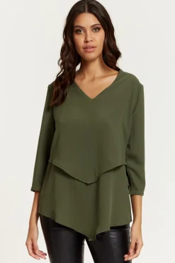 Blouses^Hoxton Gal 3/4 Sleeves V Neck Layered Relaxed Fit Top Khaki