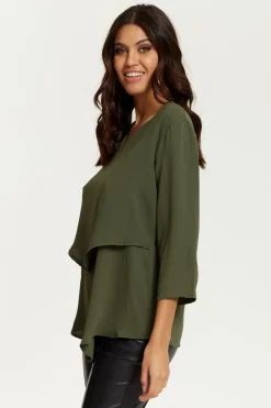 Blouses^Hoxton Gal 3/4 Sleeves V Neck Layered Relaxed Fit Top Khaki