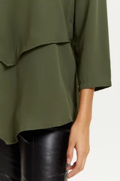 Blouses^Hoxton Gal 3/4 Sleeves V Neck Layered Relaxed Fit Top Khaki