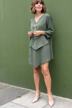 Blouses^Hoxton Gal 3/4 Sleeves V Neck Oversize Layered Tunic Khaki