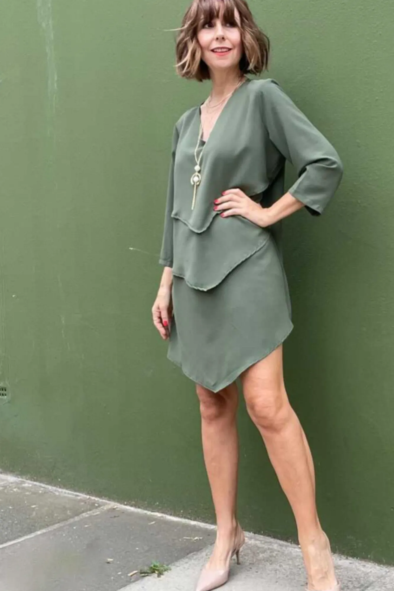 Blouses^Hoxton Gal 3/4 Sleeves V Neck Oversize Layered Tunic Khaki
