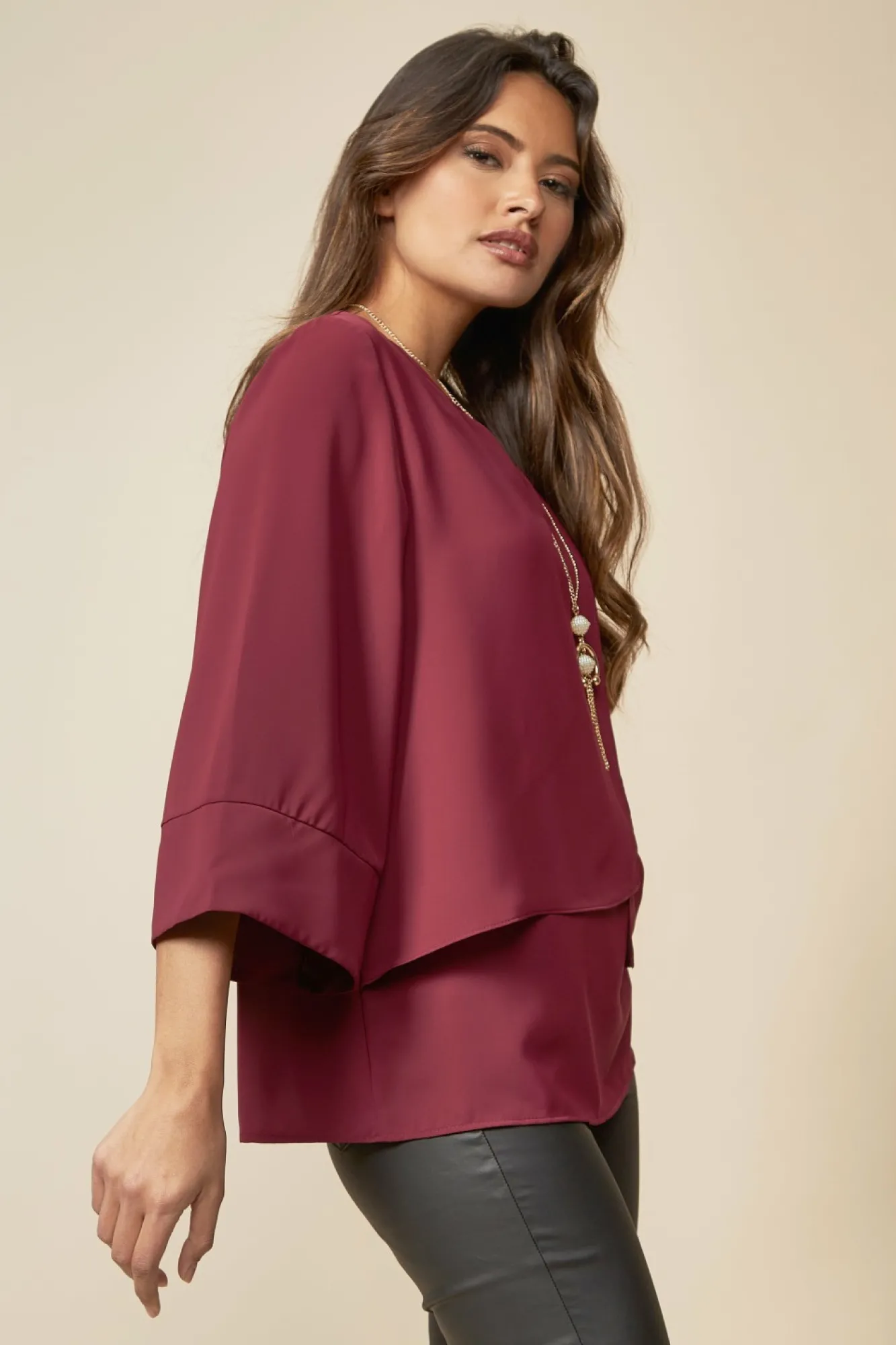 Blouses^Hoxton Gal Layered Top 3/4 Sleeve With Necklace