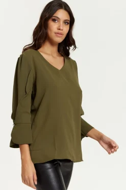 Blouses^Hoxton Gal Long Sleeves Detailed Cuff Blouse With V Neck Khaki