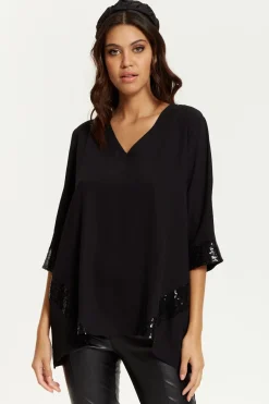 Blouses^Hoxton Gal Oversize V Neck Sequin Detail Satin Top Black