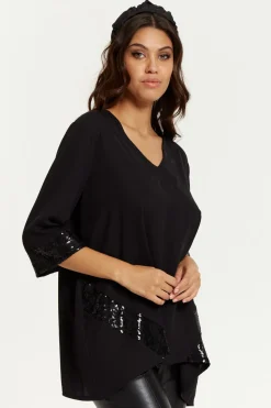 Blouses^Hoxton Gal Oversize V Neck Sequin Detail Satin Top Black