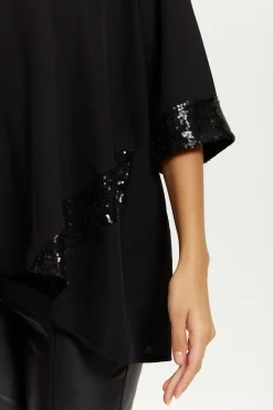 Blouses^Hoxton Gal Oversize V Neck Sequin Detail Satin Top Black