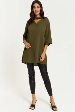 Blouses^Hoxton Gal Oversized Detailed Neckline Tunic Khaki
