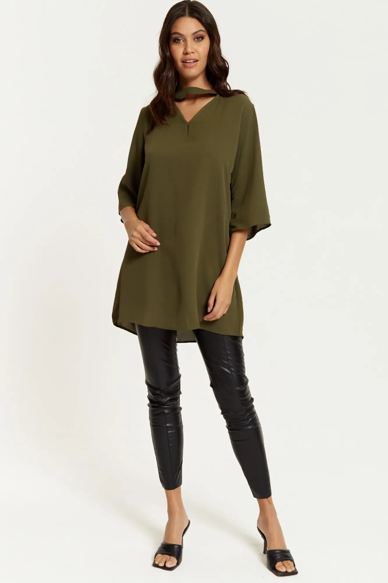 Blouses^Hoxton Gal Oversized Detailed Neckline Tunic Khaki