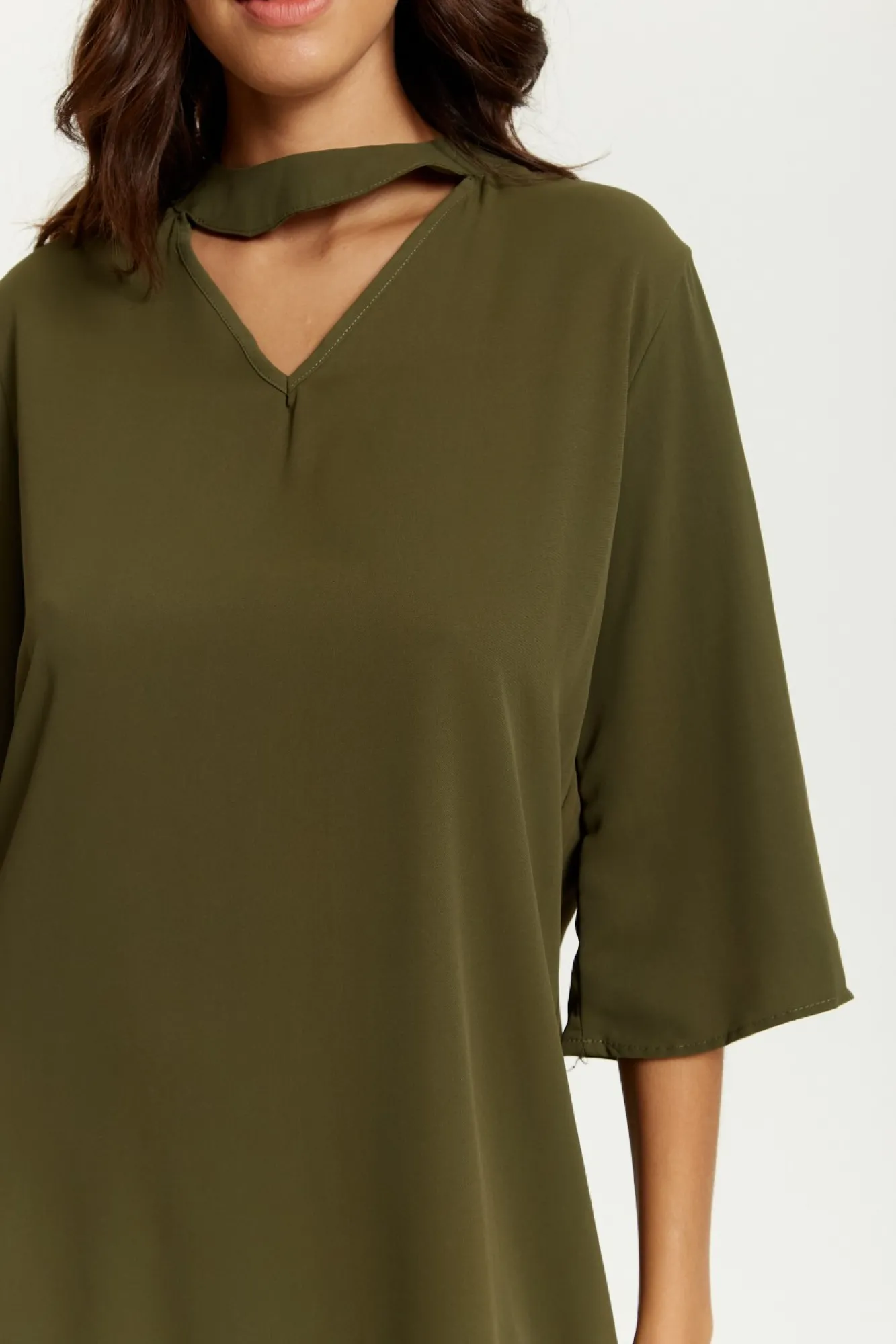 Blouses^Hoxton Gal Oversized Detailed Neckline Tunic Khaki