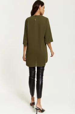 Blouses^Hoxton Gal Oversized Detailed Neckline Tunic Khaki