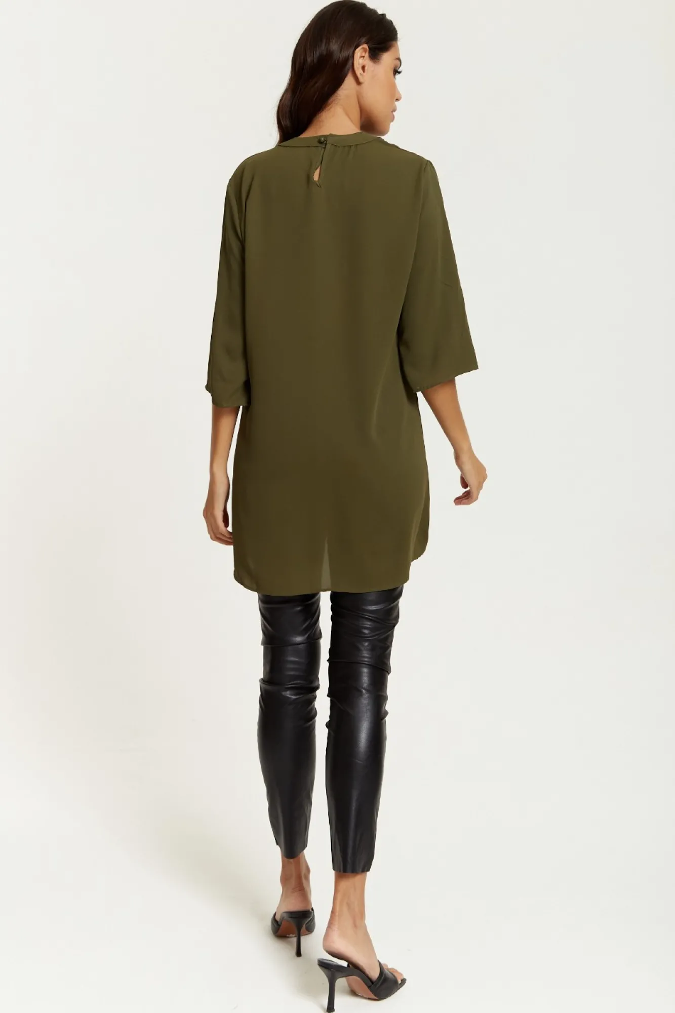 Blouses^Hoxton Gal Oversized Detailed Neckline Tunic Khaki