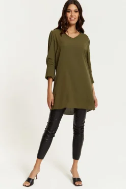 Blouses^Hoxton Gal Oversized Detailed Sleeves V Neck Tunic In Khaki