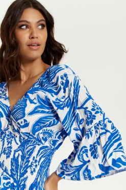Mini Dresses^Hoxton Gal Oversized V Neck Detailed Floral Print Mini Dress Bluewhite