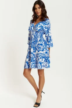 Mini Dresses^Hoxton Gal Oversized V Neck Detailed Floral Print Mini Dress Bluewhite