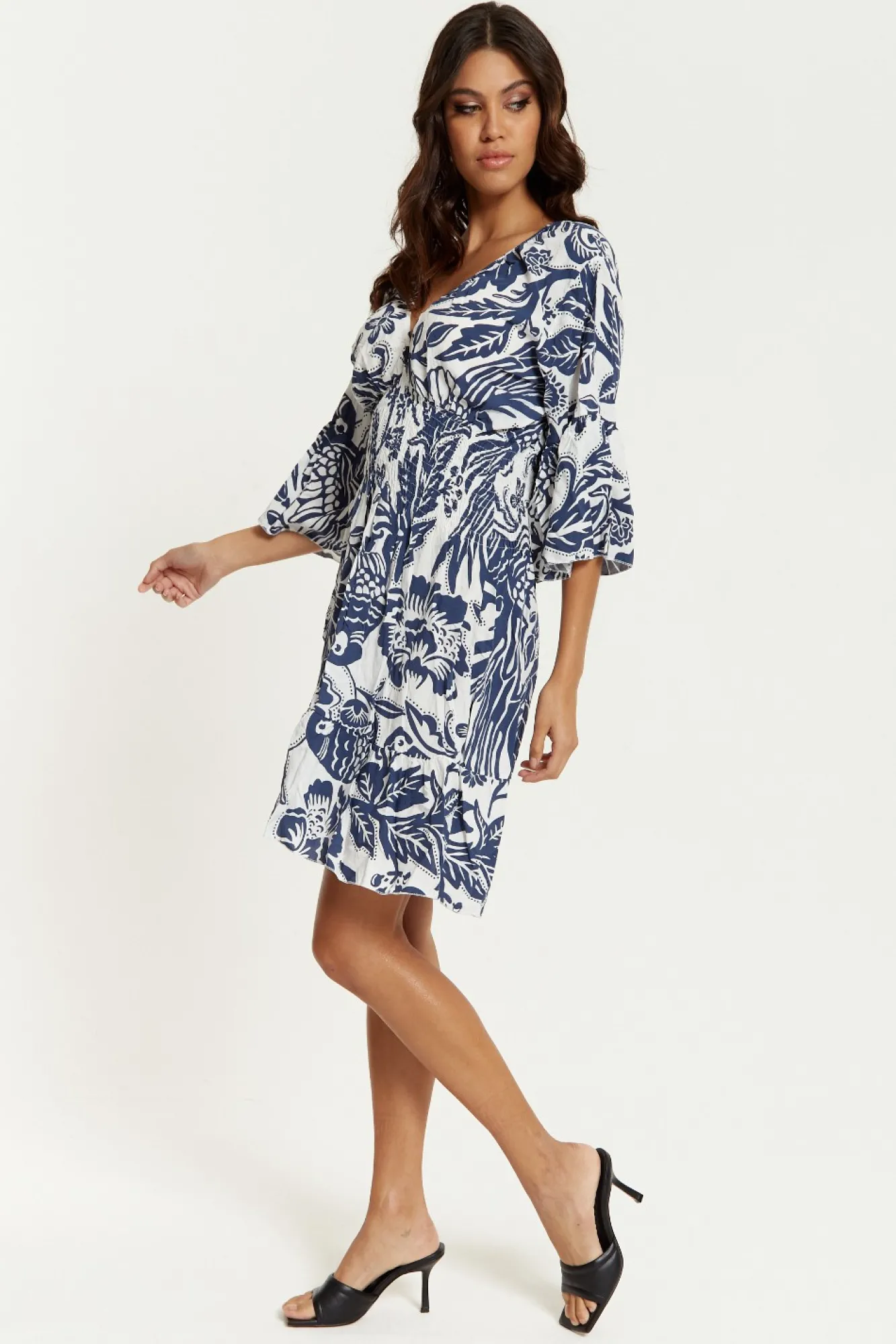 Mini Dresses^Hoxton Gal Oversized V Neck Detailed Floral Print Mini Dress Navywhite