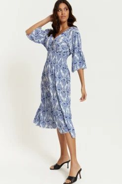 Midi Dresses^Hoxton Gal Oversized V Neck Detailed Printed Midi Dress Blue