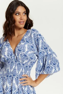 Midi Dresses^Hoxton Gal Oversized V Neck Detailed Printed Midi Dress Blue