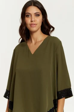 Blouses^Hoxton Gal Oversized V Neck Sequin Detailed Satin Top Khaki