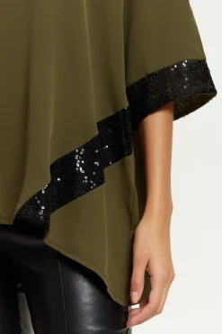 Blouses^Hoxton Gal Oversized V Neck Sequin Detailed Satin Top Khaki