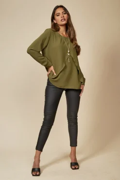 Blouses^Hoxton Gal Relaxed Fit Layered Top With Necklace Khaki