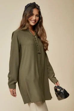 Blouses^Hoxton Gal Tunic Shirt With Button Details In Khaki