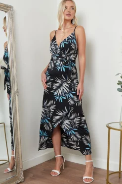 Midi Dresses^Lilura London Cami Wrap Midi Dress In Palm Print Black