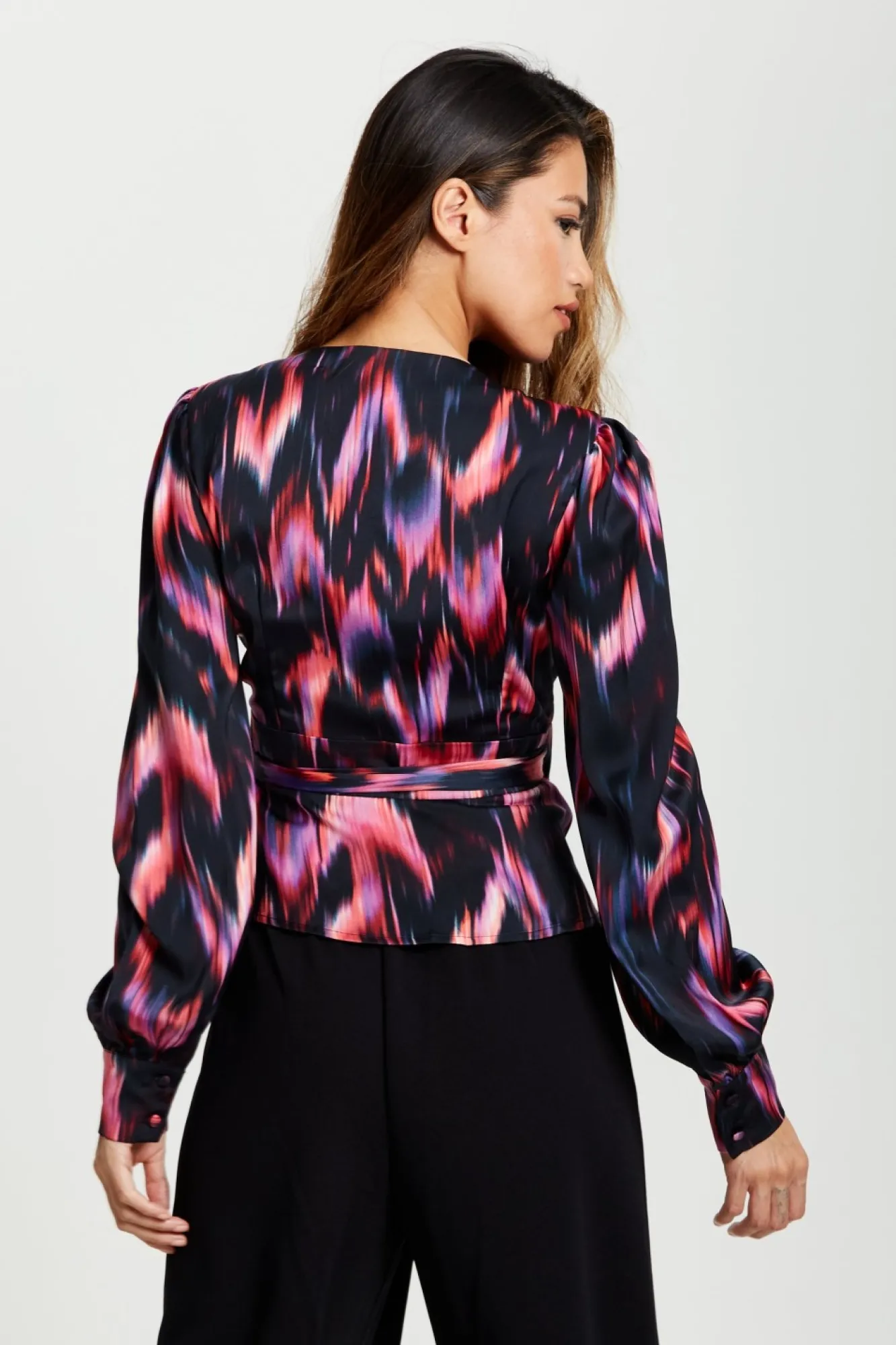 Blouses^Liquorish Abstract Feather Print Wrap Top In And Print Black