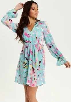 Mini Dresses^Liquorish Abstract Print Mini Dress With Open Back And Long Sleeves Blue