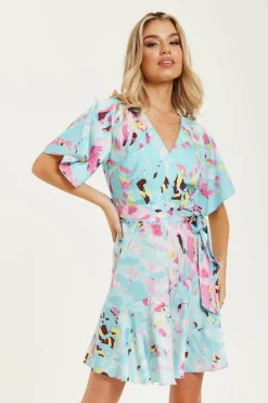 Mini Dresses^Liquorish Abstract Print Mini Wrap Dress Blue