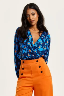 Blouses^Liquorish Abstract Print Wrap Top In Pink Orange And Blue Multicolor